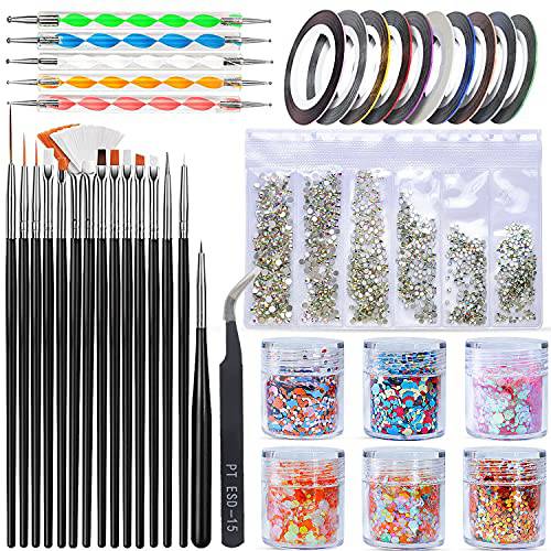 Nail Art Brushes, JOYJULY 3D Nail Art Decorations Kit with Dotting Tool Striping Tape, Crystals AB Nail Art Rhinestones, Holographic Chunky Glitter with Tweezers for Nails Body Face Hair Make Up