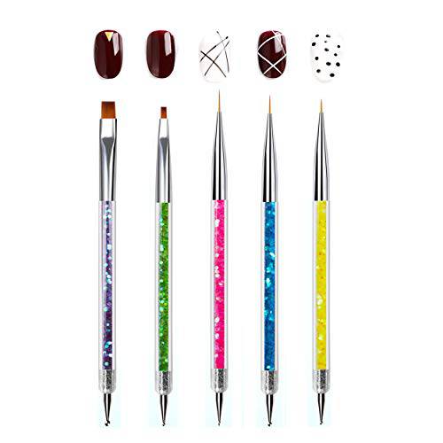 Borsun 5 Pcs Nail Art Liner Brushes, Double Ended Nail Art Design Tools Include Liner Brushes and Dotting Pen Easy Application Manicure Kits for Beginner and Home Use DIY Nail Designs