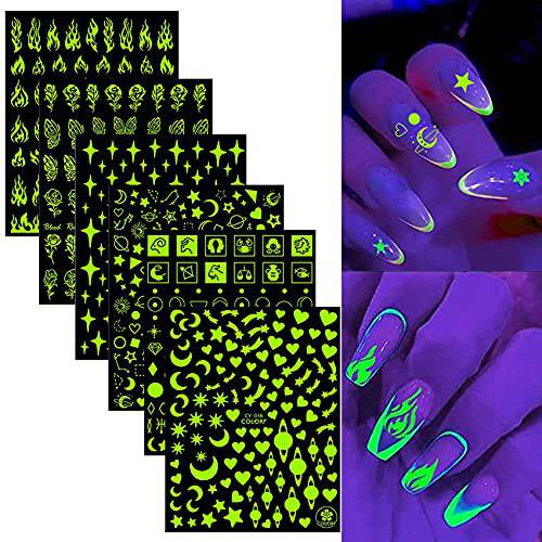 6 Sheets Luminous Flame Stars Moon Flowers Nail Art Stickers, 3D Self Adhesive Fire Constellation Star Butterfly Flower Heart Nail Design For Women Girls, Glow in Night, DIY Nail Decoration