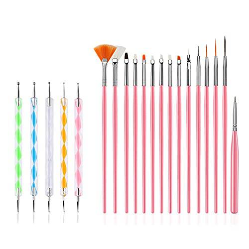 FULINJOY 20PCS Nail Art Design Tools, 15PCS Painting Brushes Set with 5PCS Dotting Pens