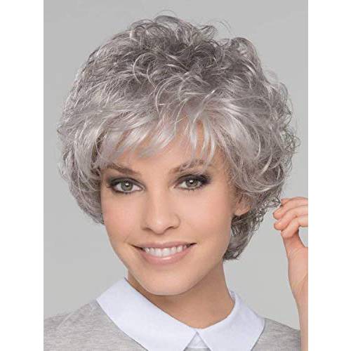 Short Gray Curly Wigs for White Women Sliver Grey Pixie Cut Wig with Bangs Wavy Layered Synthetic Hair Wig Natural Looking