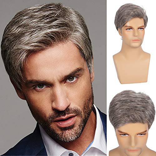 Swiking Mens Short Wig Grey Straight Natural Synthetic Cosplay Hair Wigs for Male Guy Daily Replacement Full Wig (Grey)