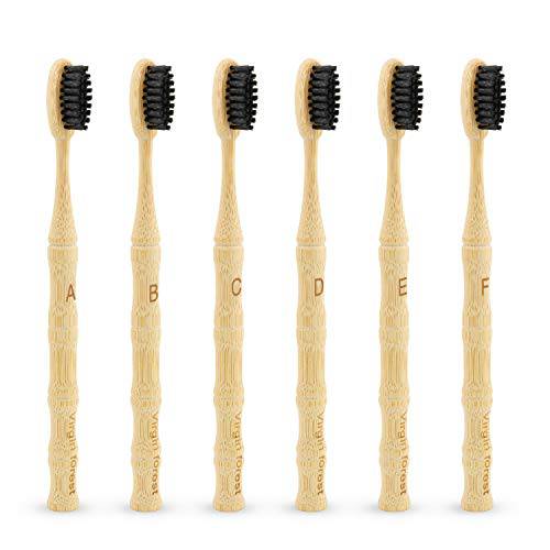 Virgin Forest Bamboo Toothbrush, Vegan Natural ECO Friendly Wood Toothbrushes, Biodegradable Organic Charcoal Tooth Brush, Pack of 6