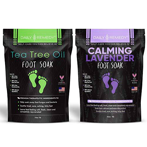 DAILY REMEDY Tea Tree Oil & Calming Lavender Foot Soak Set, Pack of 2, for Foot Pain, Odor, Sore Feet, Athlete’s Foot, Soften Calluses - Natural Blend & Salts, Made In USA
