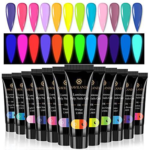 Saviland Poly Gel Nail Set - Glows in the Dark Poly Nail Extension Nail Kit 12 Colors 15g Neon Builder Poly Nail Gel Nail Enhancement Manicure Set for Nail Art Starter Kit, Gifts for Women Christmas Party