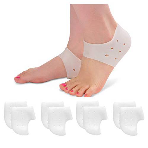 4 Pairs Heel Cups for Heel Pain, Plantar Fasciitis Inserts, Silicone Heel Protectors for Men & Women, Moisturizing Socks for Dry Cracked Heels (White)