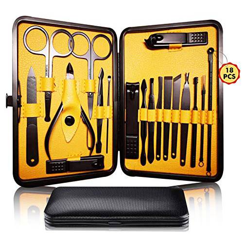 Manicure Pedicure Kit Nail Clippers Set 18 in 1 High Precision Stainless Steel Cutter File Sharp Scissors for Men & Women Fingernails & Toenails Vibrissac Scissors with Stylish Case (Yellow_18in1)