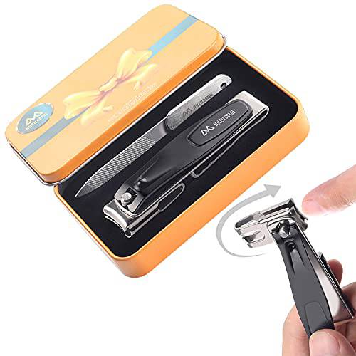 MILEILUOYUE Nail Clippers 2Pcs，Nail File,360°Degree Rotating Head Nail Clippers,Stainless Steel Sharp Pedicure,Large Nail Clippers Swivel Head For Thick Nails,Metal Tin Box For Suitable For Gifts