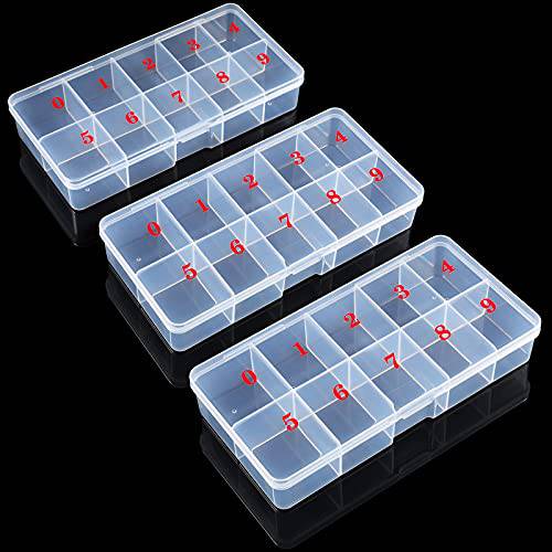 3 Pieces False Nail Tips Transparent Storage Box with 10 Number Empty Spaces Storage Case Container Nail Art Organizer Box Plastic Grid Box for Fingernail Crystal, Jewelry, Nail Accessories