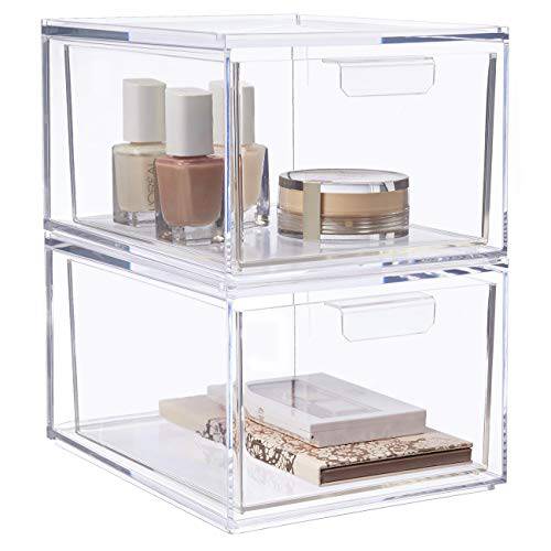 STORi Audrey Stackable Clear Plastic Organizer Drawers | 2 Piece Set | 4.5-Inches Tall | Organize Cosmetics and Beauty Supplies on a Vanity | Made in USA