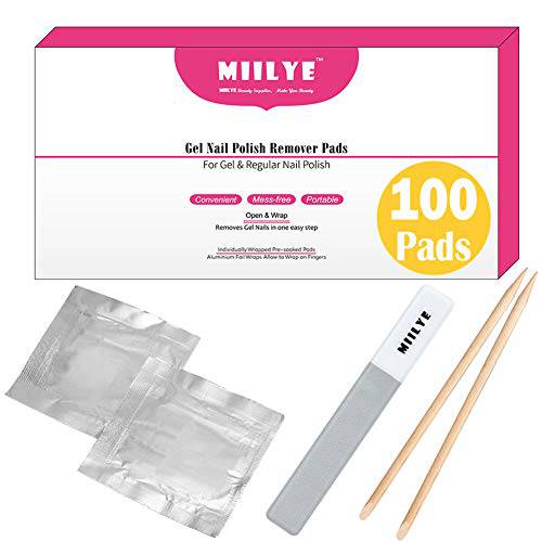 Nail Polish Remover Wipes, MIILYE Individual Fingernail Gel Nail Polish Remover Pads Soak off Aluminum Foil Wraps ,1x Nail File +1x Scraper Stick Included (100 Pads)