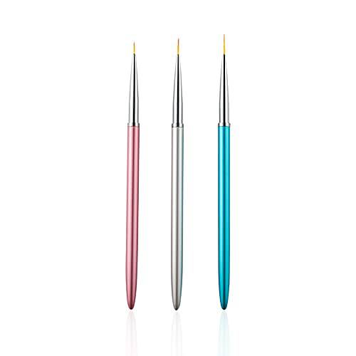 3PCS Nail Art Liner Brush Set, UV Gel Painting Acrylic Nail Design Metal Handle Nylon Brush, Nail Painting Drawing Pens (7/9/11mm)
