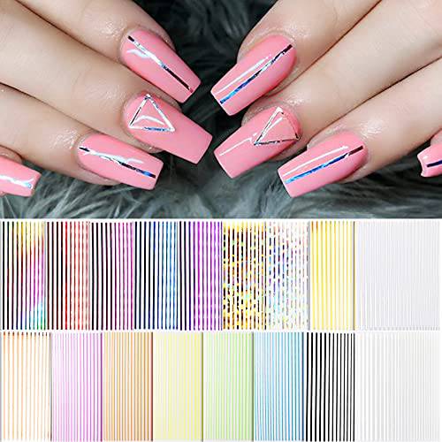 EBANKU 17 Sheets Strip Line Nails Stickers, 3D Fluorescent Laser Gold Adhesive Striping Tape Nail Decals for Women Girls Nail Art Design Deacoration