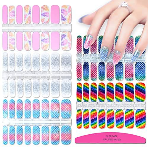 SILPECWEE 5 Sheets Nail Polish Strips Rainbow Glitter Adhesive Nail Stickers Full Nail Wraps Nail Strips for Women Nail Accessories with 1pc Nail File