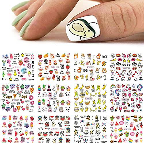 Cute Summer Nail Art Stickers Summer Fruit Stickers on Nails Unicorn Banana Cherry Avocado Dog Strawberry Nail Art Decals Cartoons Slider for Manicure Decor 12 Sheets