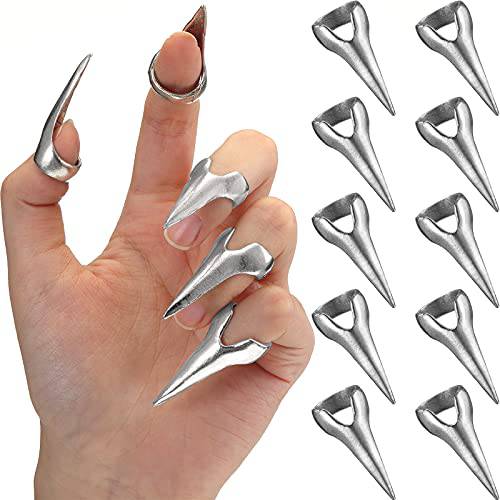 10 Pieces Finger Claws Cosplay Claws Rings Full Finger Set Retro Metal Nail Punk Rock Nail Finger Armor Gothic Talon Nail Fingertip Claw for Cosplay Nail Art Holiday Party (Silver)