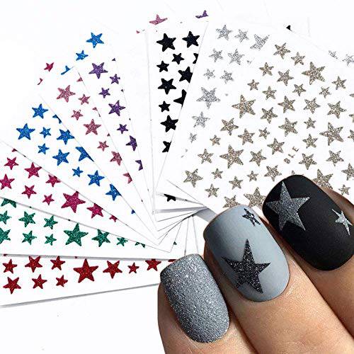 10 Sheets Star Nail Art Sticker Decals Nail Art Supplies 3D Self-Adhesive Nail Stickers Nail Slider Stars Stickers for Nails Glitter Shiny DIY Decoration Decal Colorful Nail Art Decor Manicure Tips