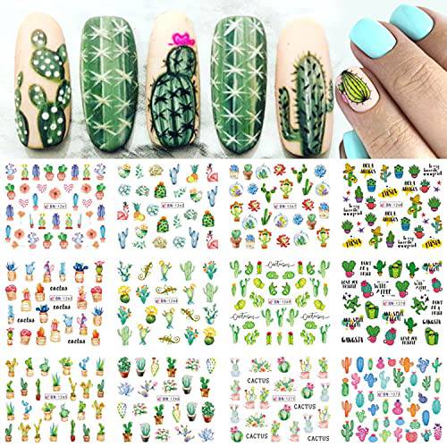 350+ Patterns Summer Cactus Nail Art Stickers Decals Summer Nail Supply Summer Nail Accessories Decorations Nail Art Slider Green Cactus Left Full Wraps Sticker Water Transfer Decals Tattoo 12 Sheets