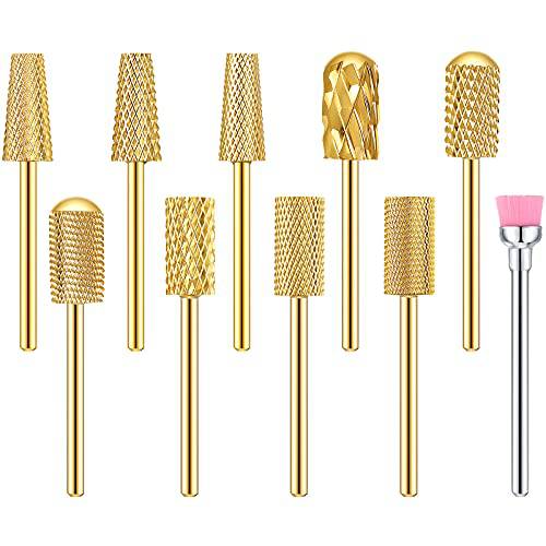 10 Pieces Nail Drill Bits Set, 3 Pieces Cone Tapered Barrel Carbide Nail Cuticle Drill Bit, 3 Pieces Flat Top Large Barrel Carbide Bit, 3 Pieces Round Top Large Barrel Head Nail Carbide Bit (Gold)