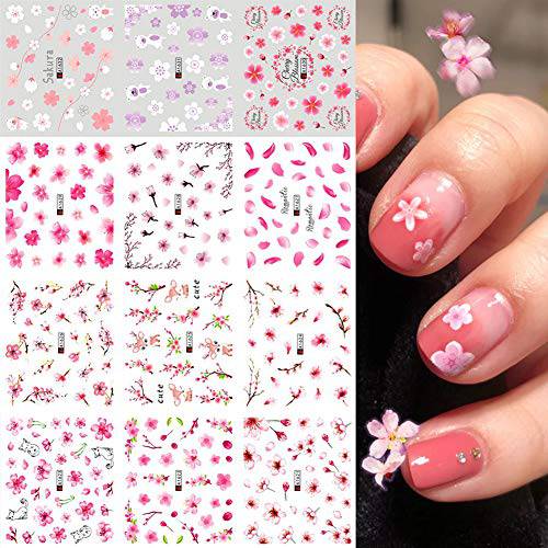 Flowers Nail Water Stickers Decals Pink Cherry Blossoms Tree with Leaves Nail Art Sliders Summer for Nail Art Decoration Watermark Flower Designs Transfer Foil Nail Stickers Manicure Tips Decor 12PCS