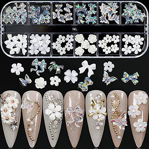 Flower Nail Art Charms 60pcs Nail Glitter Decals Decoration 3D Nail White Flower Mixed Design Acrylic Nail Stud Jewelry Salon Nail Accessories Supplies for Women DIY Manicures Tips