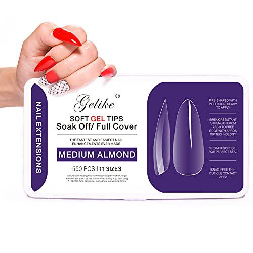 Gelike EC Soft Gel Full Cover Nail Tips Kit for Soak Off Nail Extensions, 550 Pcs Clear Medium Almond Gelly Tips Pre-buff PMMA False Press on Nail Tips, 11 Sizes