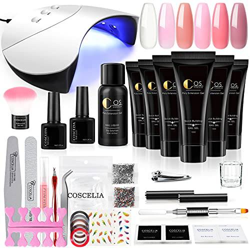 Poly Gel Nail Kit with u v Lamp Starter Kit 6 Colors Poly Extension Nail Gel 36W Nail Light Slip Solution Builder Gel for Beginner Nail Forms Rhinestones Nail Art Tools French Manicure Complete Kit
