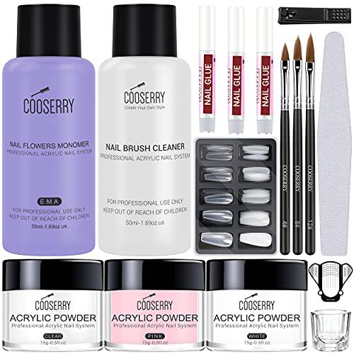 Cooserry Acrylic Powder And Liquid Monomer - Acrylic Nail Kit For Beginners, Monomer Acrylic Nail Liquid Set With Nail Brush Cleaner, Clear Acrylic Powder Nails Kit Acrylic Set For Nail Art Designs