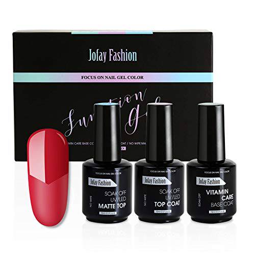Jofay Fashion 15ml 3pcs Soak off Base Gel No Wipe High Gloss Shiny Top Coat & Matte Top Coat Gel Nail Polish Set Kit Gel Polish with Gift Box DIY at Home