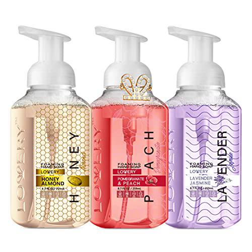 LOVERY Foaming Hand Soap, 3Pack Moisturizing Hand Soap with Aloe Vera & Essential Oils, Alcohol-Free Hand Wash in Honey Almond, Pomegranate Peach, Lavender Jasmine Scent for Kitchen, Bathroom