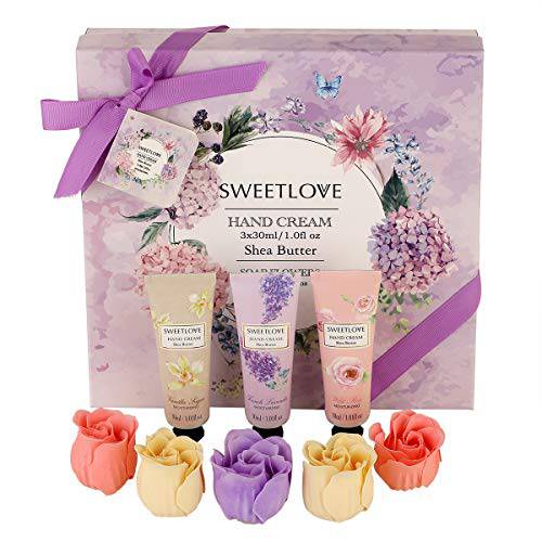 Hand Cream Gift Set with Soap Flower, 8pc Travel Size Hand Cream with Shea Butter, Natural Aloe, Vitamin E, Moisturizing for Dry Hand and Foot, Best Gift for Women, Mother’s Day, Birthday, Christmas.