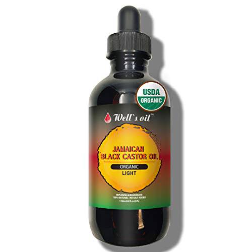 Well’s USDA Organic Jamaican Black Castor Oil (LIGHT) Cold Pressed, No Salt, Perfect for Hair, Eyelashes Growth, Treatment for Dry and Cracked Skin, Massage Oil, Skin Oil (4oz)