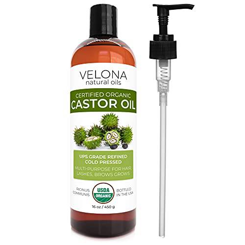 velona USDA Certified Organic Castor Oil - 16 oz (With Pump) | For Hair, Boost Eyelashes, Eyebrows | Cold pressed, Natural Oil, USP Grade | Hexane Free, Lash Serum, Caster