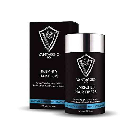 Vantaggio Enriched Hair Fibers for Thinning Hair - 25 gr./ 0.88 oz. Natural Spray-On Hair Thickener Fibers for Men with PROCAPIL for Growth Stimulus - Matches Your Natural Hair Color (Black)