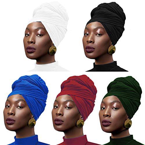 OAOLEER 5 Pieces Stretch Jersey Turban Head Wrap Knit Headwraps Urban Hair Scarf Solid Color Ultra Soft Extra Long Breathable Head Band Tie for Women