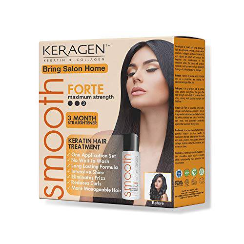 Keragen - Brazilian Keratin Hair Smoothing Treatment Express Home Kit - Blowout Straightening System, with 2 Oz Forte Treatment, 2 Oz Clarifying Shampoo and Aftercare Samples