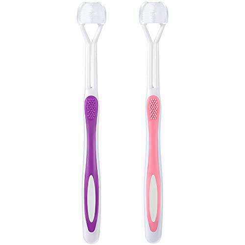 2 Pieces Autism Toothbrush Three Bristle Travel Toothbrush for Complete Teeth and Gum-Care, Great Angle Bristles Clean Each Tooth, Soft and Gentle (Pink, Purple)