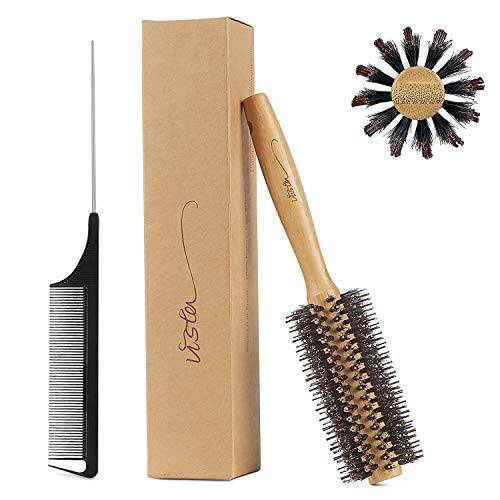 Round Brush Bamboo with Pin Tail Comb Natural Boar Bristle Hair Brush Round for Blow Drying for Women Hairbrush for Wet or Dry Hair Detangling Smoothing Massaging…