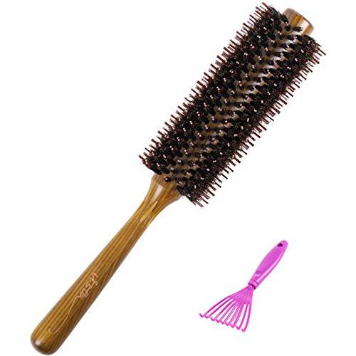 Round Hair Brush Boar Bristle Wooden Hair Brush for Women Blow Drying Handle Anti Static Hairbrush for Hair Styling, Drying, Curling…
