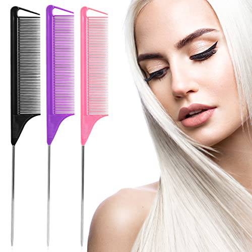 Rat Tail Combs Parting Comb: 3Pcs Rat Tail Comb Set, Long Steel Pin Rat Tail Teasing Comb, Hair Combs for Salon Hair Stylist, Tail Combs Metal ,Parting Combs for Women(Purple|Black|Pink)