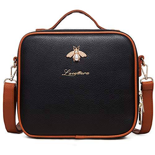 LACATTURA Travel Makeup bag, Leather Makeup Train Case Cosmetic Organizer for Makeup Brushes Toiletry Digital Accessories, Portable Artist Storage Bag With Shoulder Strap for Women lady Black