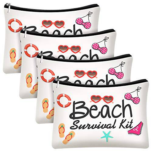 Weewooday Beach Survival Kit Cosmetic Bag for Women Funny Beach Makeup Bag Gifts Beach Accessories Travel Organizer Bag Summer Cotton Case Pouch for Gifts (4 Pieces)
