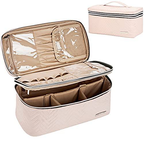 BELALIFE Double Layer Makeup Bag for Travel, Large Makeup Organizer Case for Full Size Cosmetics, Portable Cosmetic Bag for Brushes Sets, Small Makeup Items , Pink