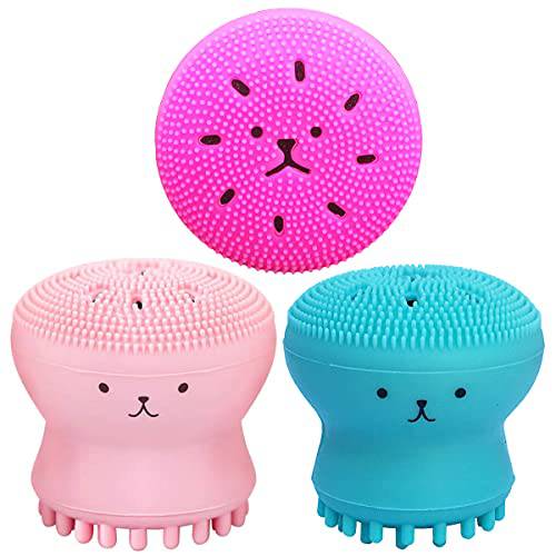 Facial Cleansing Brush Silicone Handheld Face Brush and Massager ，Octopus-Shaped Cleansing Brush for Deep Cleaning Gentle Exfoliating Skin Massage (Red+Blue(2Pcs)) (Pink+Blue+Red)