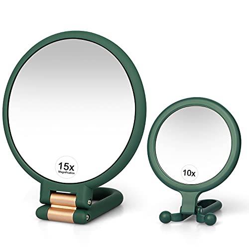 EEEKit 2 Pieces 15X Magnifying Handheld Mirror and 10X Travel Double Sided Foldable Makeup Mirror, Tabletop Swivel Vanity Mirror Use for Blackhead, Comedone Removal, Draw Eyebrows (Green)