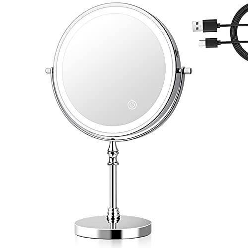 UUCOLOR Makeup Mirror with Lights USB Rechargeable 8 Inch 3 Color Lights Two Sided 1X/10X Magnification LED Vanity Mirror Touch Control Intelligent Shutdown 360°Rotation Light up Mirror Chrome Finish
