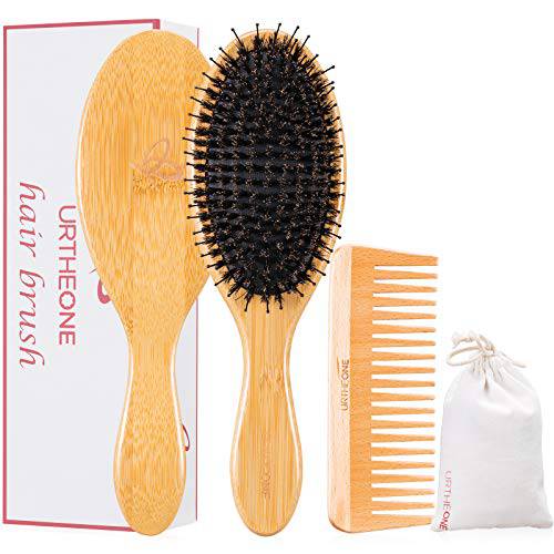 Hair Brush Boar Bristle Hairbrush for Thick Curly Thin Long Short Wet or Dry Hair Adds Shine and Makes Hair Smooth, Wooden Comb, Travel Bag & Gift Box Included