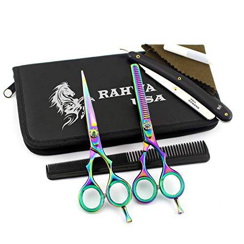 NA RAHWAR Professional Hair Cutting Shears, 5.5 440C Stainless Steel Barber Scissor Set For Hairdressing, Thining Shears For HomeBarberSalon With Comb and Kit Bag (Multi)