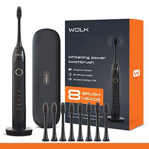 Wolk T6421 Ultra Whitening Toothbrush with Pressure Sensor & 5 Brushing Modes, 8 Dupont Brush Heads, Premium Travel Case, Rechargeable.