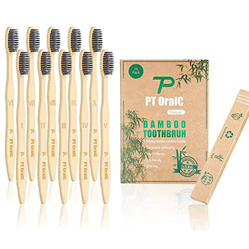 Generic Biodegradable Eco-Friendly Natural Bamboo Toothbrush, BPA Free Charcoal Bristles, Individually Packed by Recyclable Kraft Box, 10 Pack, by PT OralC, Burlywood